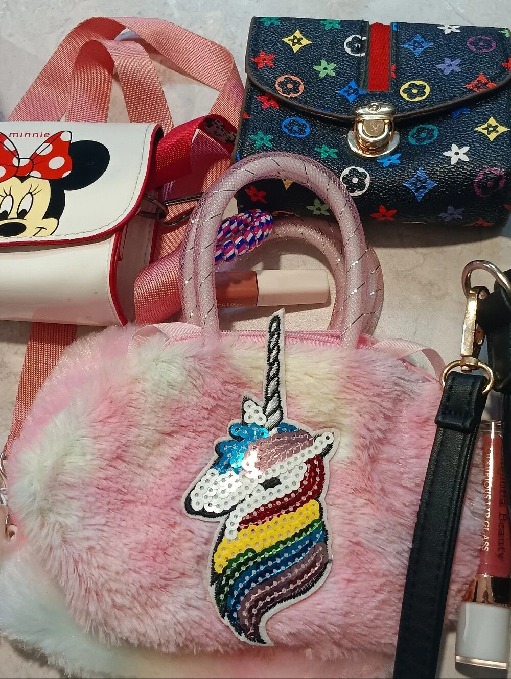 Kids Crossbody Bag with Unicorn Pop-It Charm - White & Pink.   $10.00